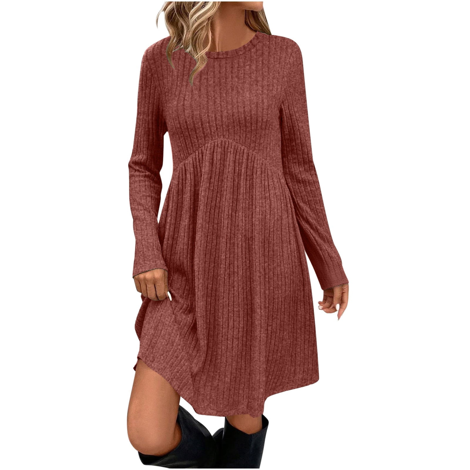 tall long sleeve dresses Aohooy Sweater Dress Tall Women Ribbed Knit Long Sleeve Dresses Empire Waist Crewneck Winter Knee Length A Line Dress with Pockets Orange,S, Women's,