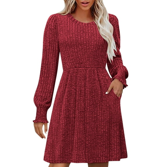aohooy Sweater Dress Women - Ribbed Knit Empire Waist Tunic Dresses Crewneck Long Sleeve Dress with Pockets Red,XL