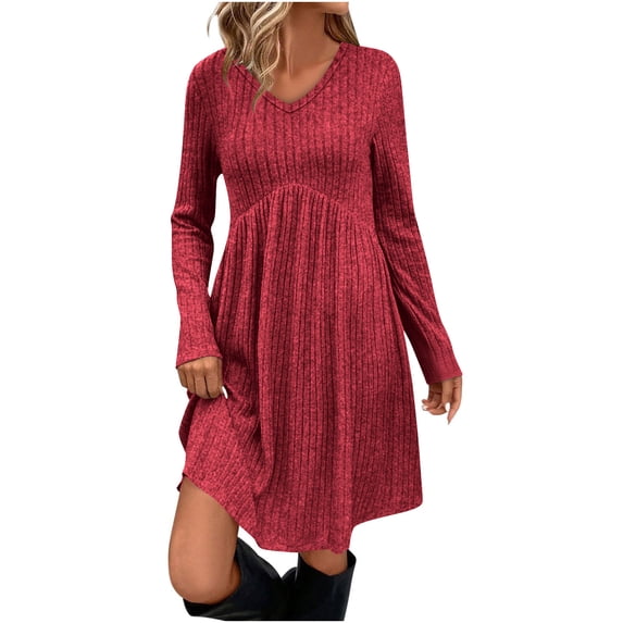 aohooy Sweaters Dress Women - Ribbed Knit Empire Waist Tunic Dresses Elegant Vneck Long Sleeve Dress Red,M
