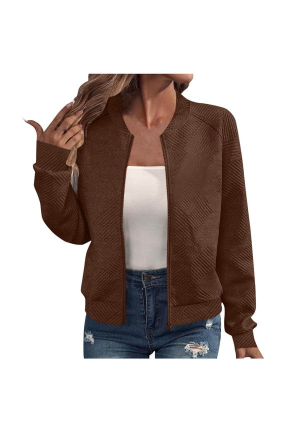 Sweatshirt Jackets for Women Zip Up Lightweight Long Sleeve Bomber Jacket Casual Texture Cropped Fall Outerwear Coat with Pocket Brown,XL