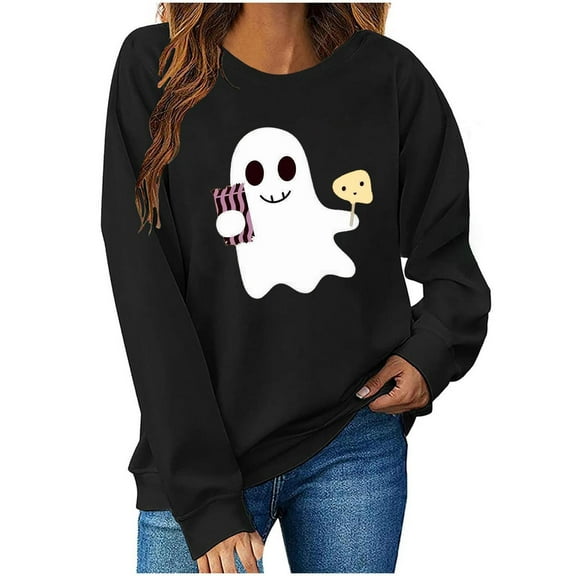 aohooy T Shirt Halloween Women Halloween Sweatshirts Cute Ghost Graphic Crewneck Sweatshirt Oversized Long Sleeve Pullover Tops 2025 Black,XS