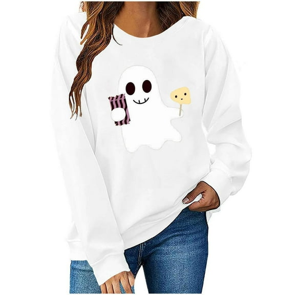 aohooy T Shirt Halloween Women Halloween Sweatshirts Cute Ghost Graphic Crewneck Sweatshirt Oversized Long Sleeve Pullover Tops 2025 White,XS