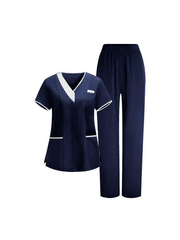 Tall Scrub Sets for Women Long Stretchy Color Block V-Neck Tops and Cargo Pants Jogger Outfits Medical Suit Navy,M