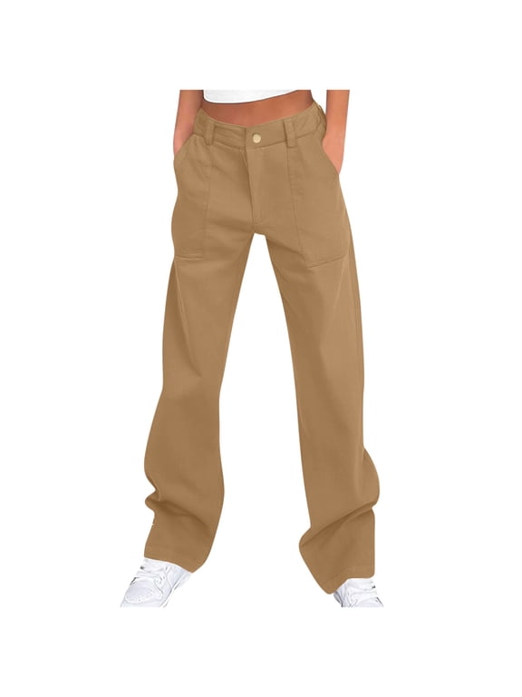 Tall Women Cargo Pants,High Waist Stretch Straight Wide Leg Pant Baggy Multiple Pockets Y2K Trousers Khaki,XXL