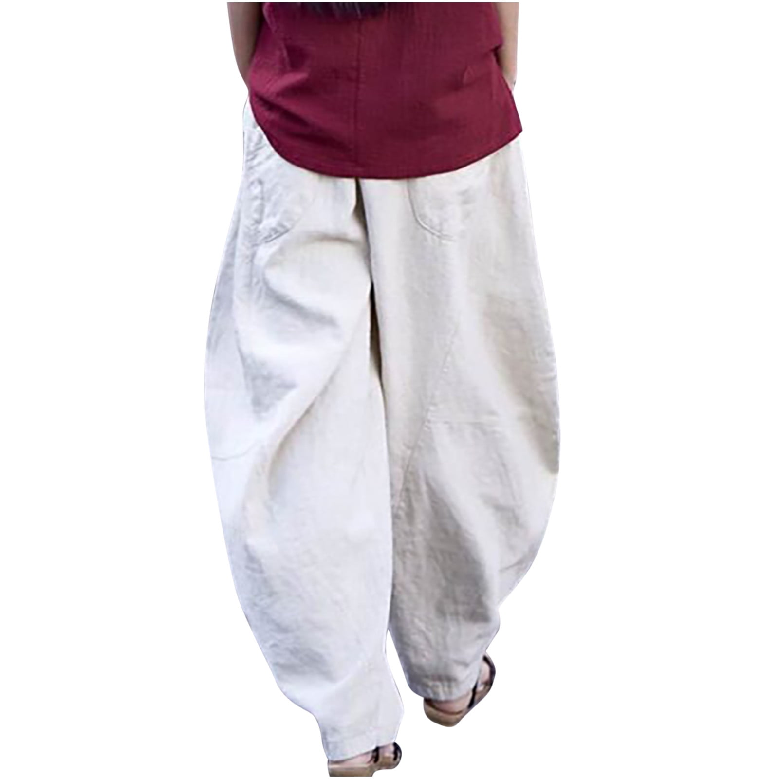 aohooy Tall Women Linen Pants Casual Baggy Elastic Waist Relax Fit ...