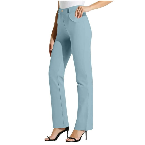 aohooy Tall Yoga Pants for Women Wide Leg High Waisted Stretch Pant Work Office Business Casual Button Trousers with Pocket Light Blue,S