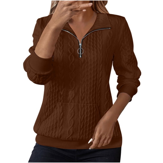 aohooy Textured Zipper Sweatshirts for Women Collared Quarter Zip Pullover Plain Long Sleeve Cable Knit Quilted Sweaters Shirts Brown,XL