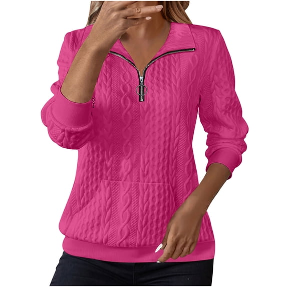 aohooy Textured Zipper Sweatshirts for Women Collared Quarter Zip Pullover Plain Long Sleeve Cable Knit Quilted Sweaters Shirts Hot Pink,XL