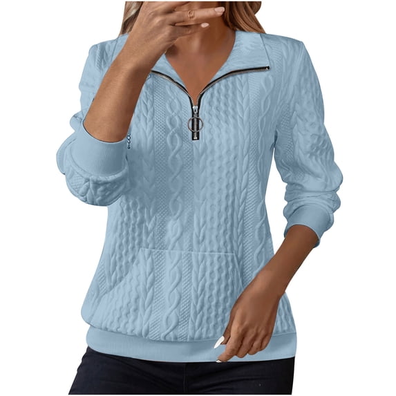 aohooy Textured Zipper Sweatshirts for Women Collared Quarter Zip Pullover Plain Long Sleeve Cable Knit Quilted Sweaters Shirts Sky Blue,S
