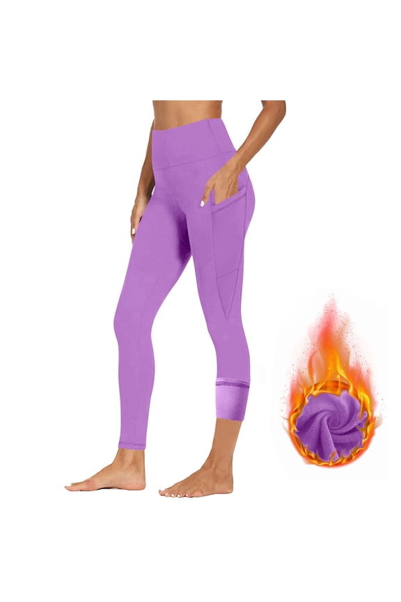 Thermal Fleece Lined Leggings for Women, High Waisted Tummy Control Yoga Pants for Gym Running Pockets Stretch Pant Purple,XL