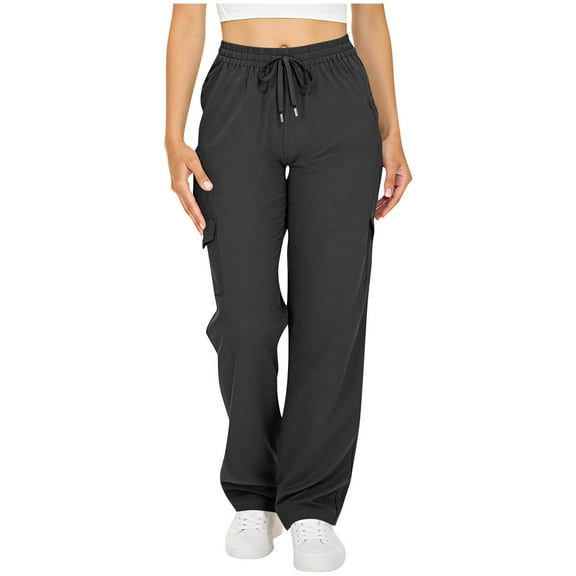 aohooy Thin Cargo Pants for Women Slim Fit Straight Leg Dressy Ankle Pant Plus Size Elastic Waist Rolled Hem Slacks Trousers with Pockets Black,M