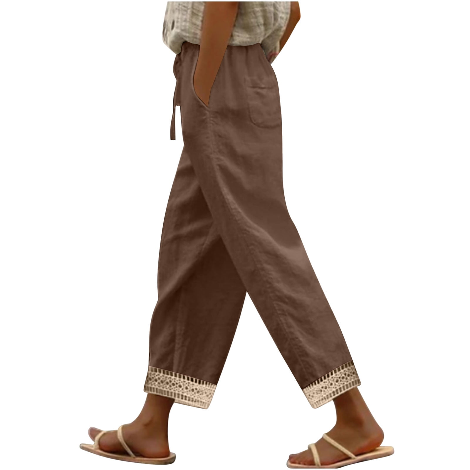 aohooy Thin Linen Pants Women Casual Drawstring Wide Leg Palazzo Pant ...