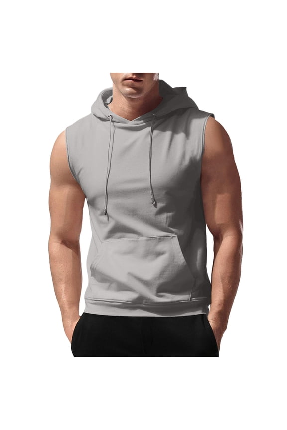 Tight Muscle Shirt for Men Drawstring Workout Hooded Sleeveless Gym Tank Tops Summer Bodybuilding Training Vests Gray,S