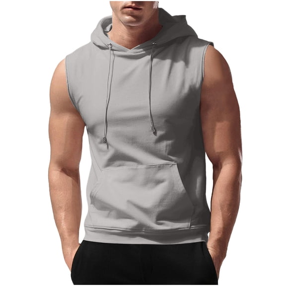 aohooy Tight Muscle Shirt for Men Drawstring Workout Hooded Sleeveless Gym Tank Tops Summer Bodybuilding Training Vests Gray,S