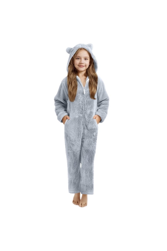 Toddler Girls Pajamas Fleece Zip Up Sherpa Slouchy Jumpsuit Hooded Ears Long Sleeve Lounge One Piece Romper Gray,13 Years