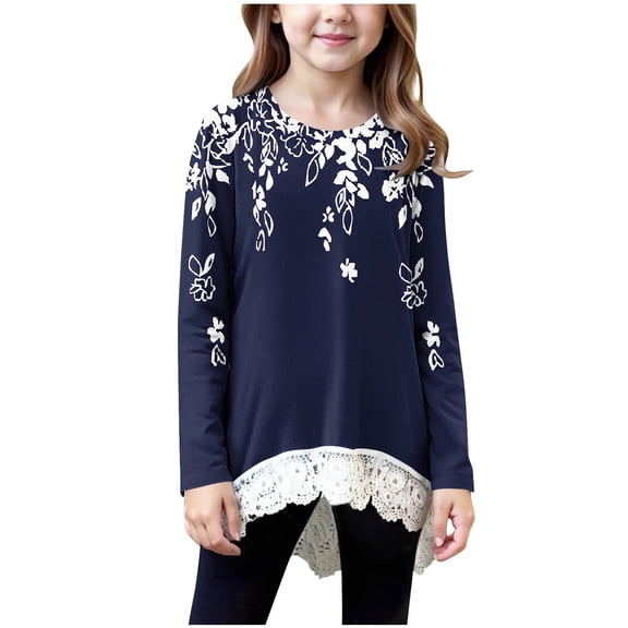 aohooy Tops for Kids Long Sleeve Crewneck Tunic Lace Trim Hem Blouses Cute Boho Fall Pullover Printed Loose Soft Tees Blue,8-9Years