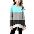 thumbnail image 1 of aohooy Tops for Teen Girls Color Block Round Neck Lace Trim Hem Blouses Cute Long Sleeve Fall Pullover Printed Loose Soft Tees Blue,6-7Years, 1 of 6
