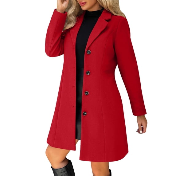 aohooy Trench Coats for Women Fashion Thicken Single Breasted Notched Collar Peacoat Plus Size A-Line Long Sleeve Overcoat Red,XXXL