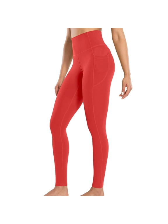 Trouser Leggings for Women Plus Size High Waisted Stretchy Solid Yoga Pants Tummy Control Workout Athletic Running Legging with Pocket Red,XXXL