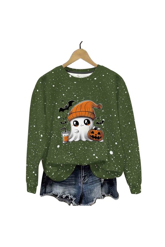Tshirt Halloween Women Cute Funny Ghost Bling Graphic Long Sleeve Shirt Fall Spooky Pullover Sweatshirts Tops Army Green,XXXL