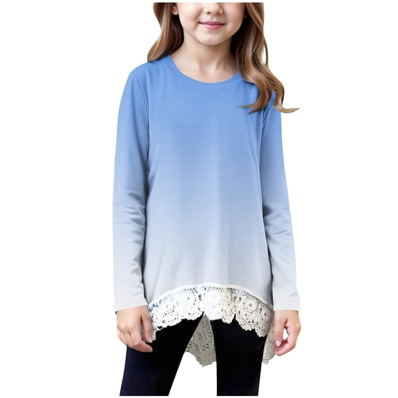 aohooy Tween Girls Graphic Tees Gradient Solid Long Sleeve Crewneck Tunic Lace Trim Hem Trendy Blouses Cute Fall Pullover Loose Soft Tops Blue,12-13Years