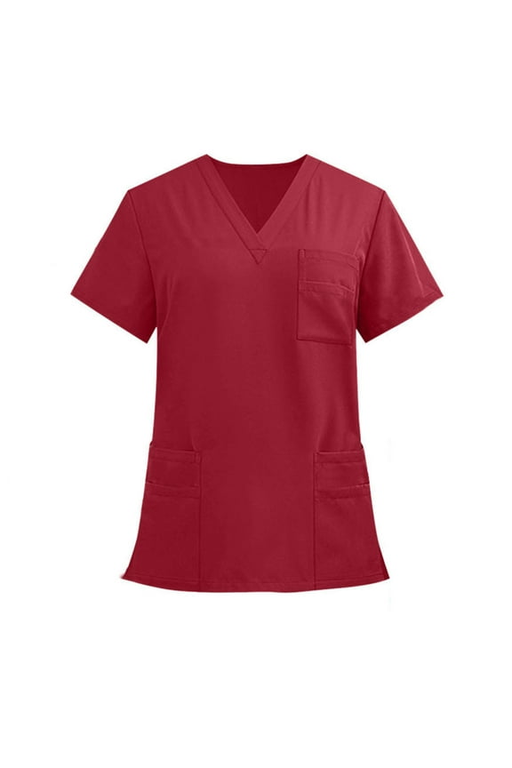 Uniform Scrubs for Women V-Neck Short Sleeve Wrap Tees with Multi Pocket Unisex Workwear Nurse Outfits Red,L