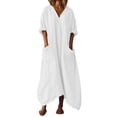 thumbnail image 1 of aohooy V Neck Linen Dress Maxi Women Asymmetric Hem 3/4 Sleeve Loose Fit Summer Vacation Dresses with Pockets White,M, 1 of 7