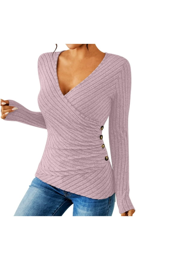 V Neck Top Woman Long Sleeve Ribbed Knit Slim Fit Wrap Tops Casual Fashion Underwear Blouses Pink,XXL
