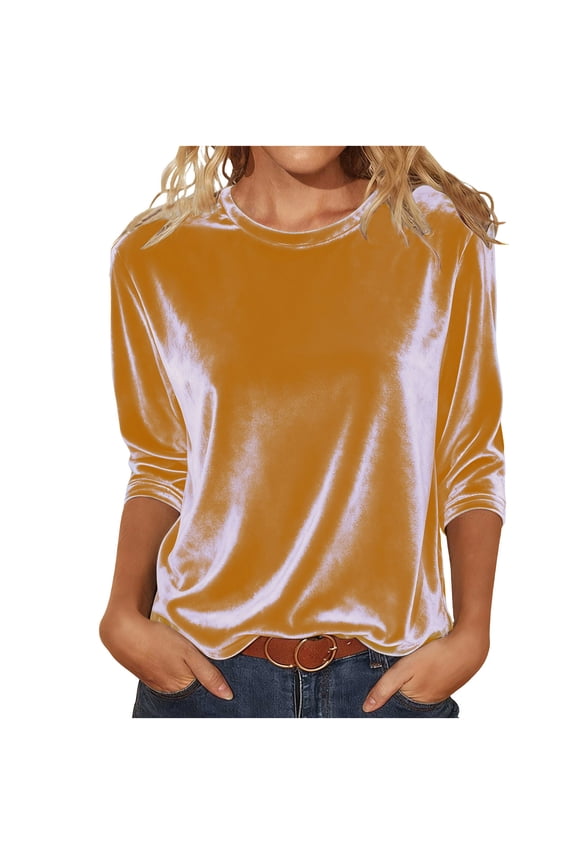 Velour Tunic Tops for Women Round Neck 3/4 Sleeve Shirts Dressy Vintage Elegant Holiday Cozy Top Gold,XL