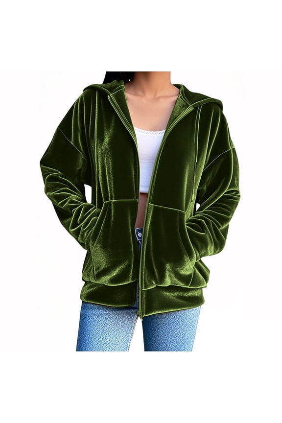 Velvet Jackets Women Evening Long Sleeve Full Zipper Hooded Jacket Soft Warm Outerwear Sweatshirt with Pockets Green,XL