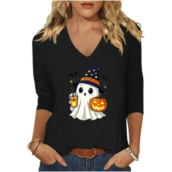 aohooy Vneck Halloween Shirt 3/4 Sleeve Fall Shirts for Women Cute Ghost with Pumpkin Coffee Cartoon Graphic Blouse Tops Tee Black,XXL