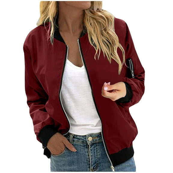 aohooy Warm Up Jacket for Women Zip Up Lightweight Long Sleeve Bomber Jackets Casual Solid Cropped Fall Outerwear Coat with Pocket Wine,L