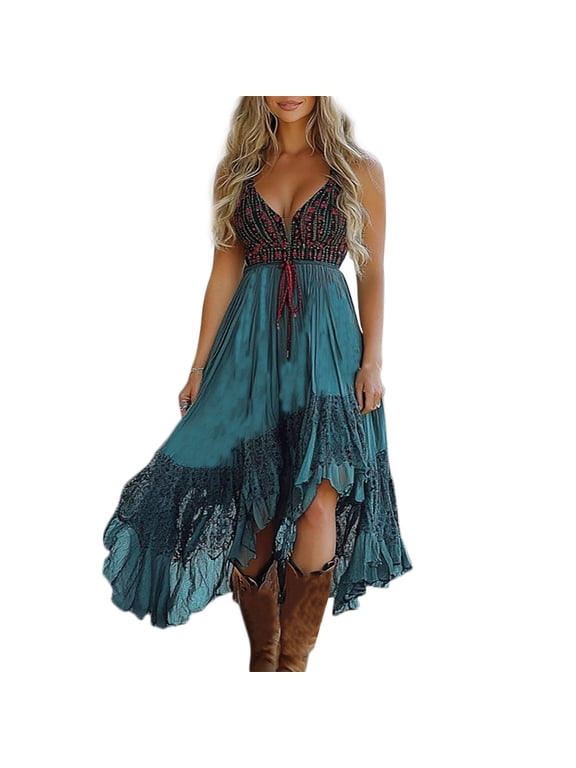 Western Boho Dress Women Cowgirl Vintage Deep V Neck Lace Spaghetti Strap High Low Flowy Cocktail Dress Blue,XL