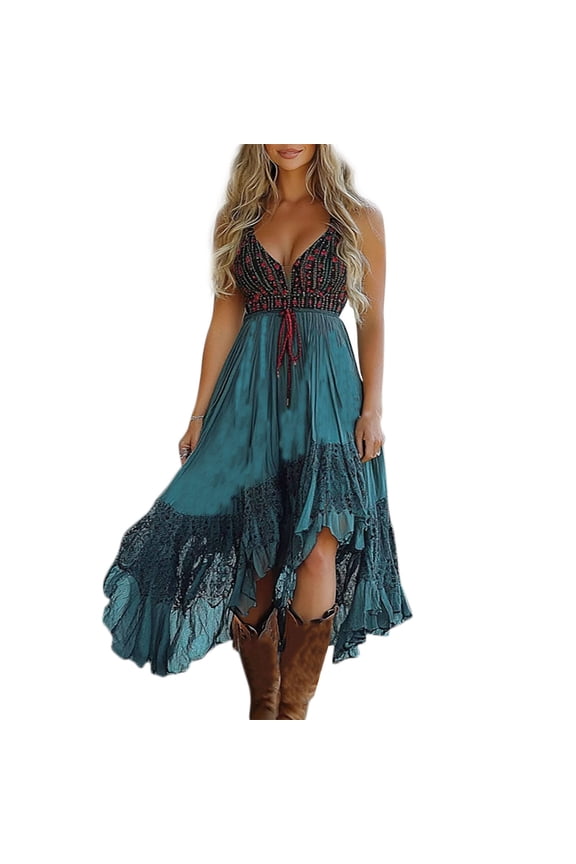 Western Cowgirl Sundress Women Vintage Deep V Neck Lace Boho Spaghetti Strap High Low Flowy Cocktail Dress Blue,M