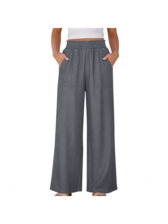 Wide Leg Drawstring Jeans Women Casual Palazzo Pleated Denim Pant with Pockets Loose Stretchy Baggy Elastic Waist Trousers Gray,XXXL