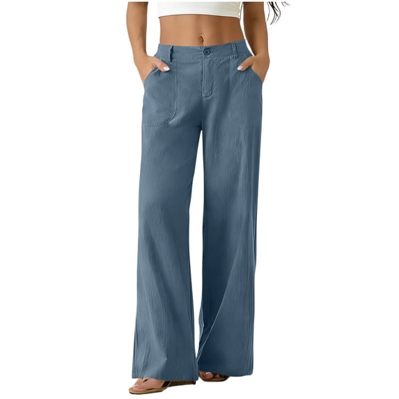 aohooy Wide Leg High Waist Pants for Women Summer Casual Button Up Palazzo Work Pant Beach Vacation Comfort Trousers with Pockets Light Blue,L