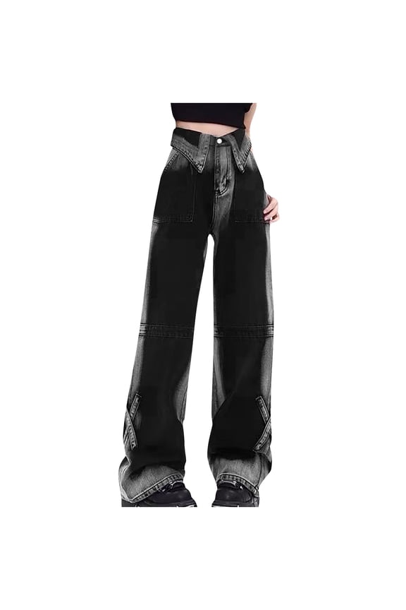 Wide Leg Jeans Women Petite Length Casual Y2K Gothic Style Harajuku Kawaii Denim Pant Trendy Loose Vintage Trousers with Pockets Black,XXL