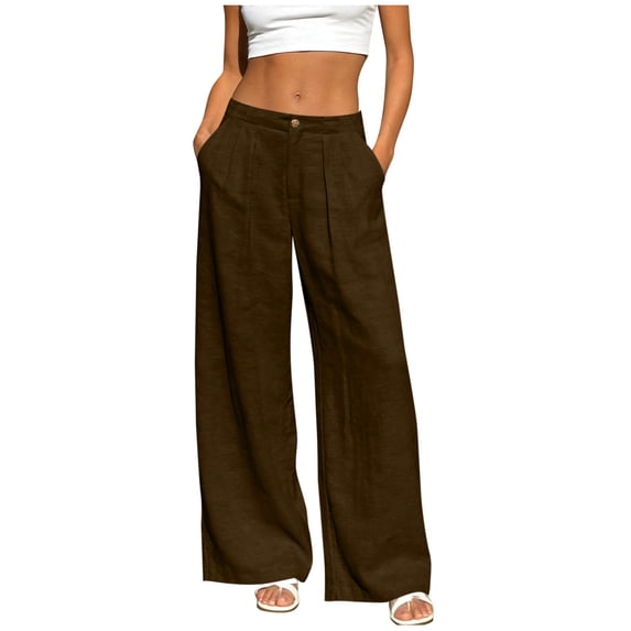 aohooy Wide Leg Linen Pants for Women Summer Casual Button High Waisted Pleated Dress Trousers Workwear Pants Beach Bottoms 2026 Brown,M