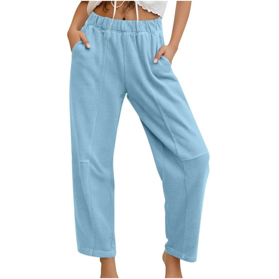 aohooy Wide Leg Pants Women Casual Lightweight Solid Pull On Sweatpant Elastic Waist Athletic Loose Jogger Pant with Pockets Blue,XL
