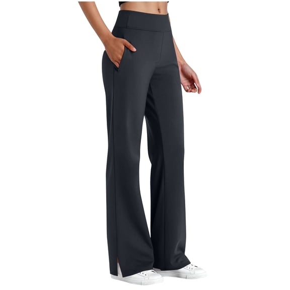 aohooy Wide Leg Yoga Pants Woman Tummy Control High Waisted Stretch Pant Bootcut Side Split Work Office Business Trousers with Pocket Navy,XL