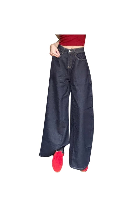 Wide Legged Jeans Women Loose Fit High Waist Stretch Palazzo Denim Pant Flowy Classic Elastic Waist Trousers with Pockets Blue,M