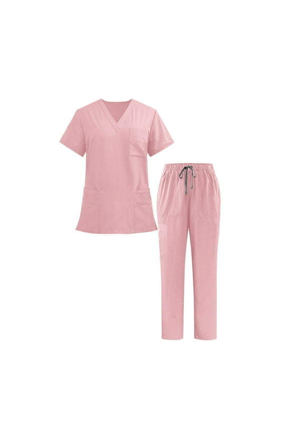 Winter Scrubs for Women Set 2026 Unisex Jogger Nursing Uniform Stretchy V-Neck Top & Drawstring Cargo Pants with Multi Pocket Pink,XS