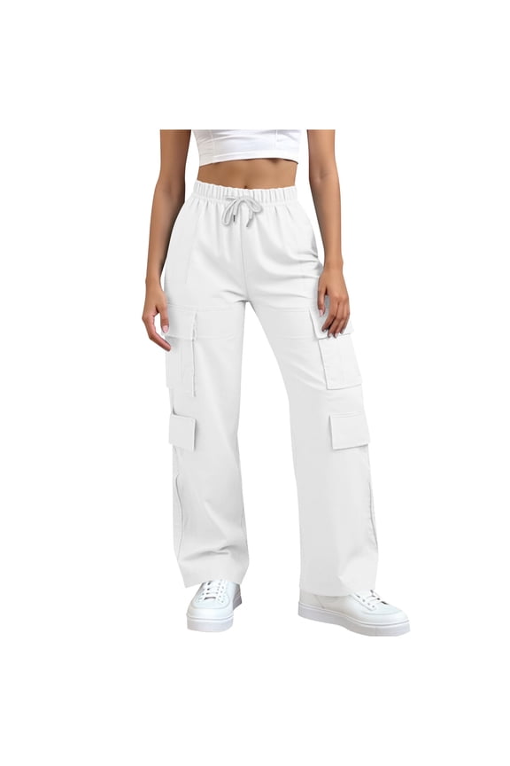 Woman Baggy Cargo Pants Cool Silk Cotton Wide Leg Plus Size High Waisted Sweatpants Multi Pockets Jogging Streewear Trousers White,S