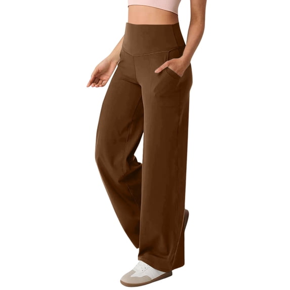 aohooy Woman Dress Pants Wide Straight Leg High Waisted Workout Sweatpant Tummy Control Stretchy Bootcut Solid Pull On Pant Coffee,M