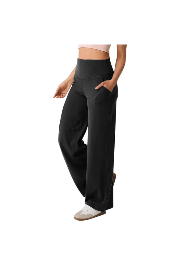 Woman Slacks Pants Casual Wide Straight Leg High Waisted Workout Sweatpant Tummy Control Stretchy Bootcut Solid Pull On Pant Black,S