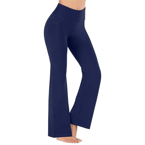 aohooy Women Business Pants High Waisted Trendy Wide Leg Yoga Pant Workout Plus Size Tummy Control Solid Bootcut Leggings with Pocket Navy