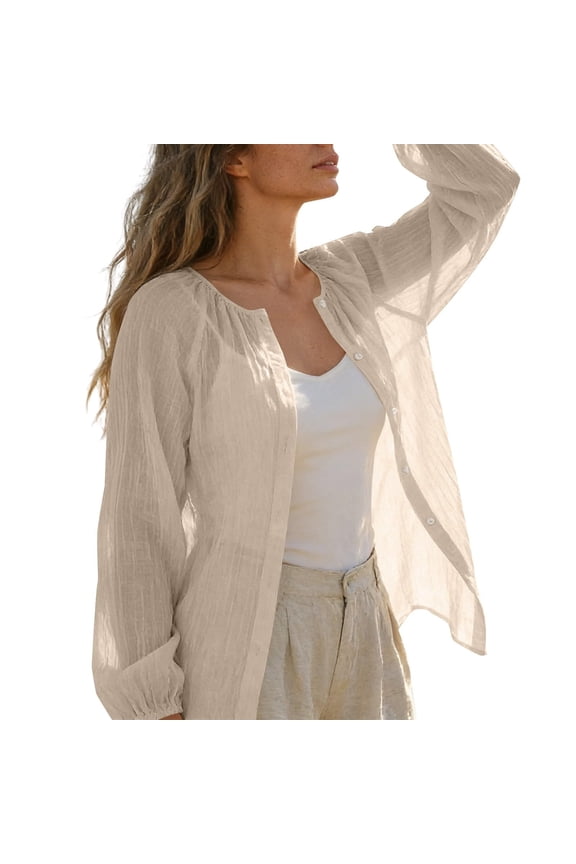 Women Button Down Shirts Casual Pleated Raglan Long Sleeve Shirt UV Protection Blouse Sheer Mesh Breathable Beach Cover Up Beige,S