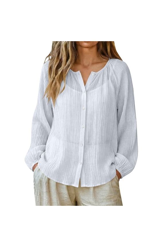 Women Button Down Shirts Casual Pleated Raglan Long Sleeve Shirt UV Protection Blouse Sheer Mesh Breathable Beach Cover Up White,M