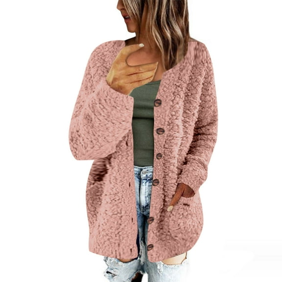 aohooy Women Cardigan Sweater Button Down Plus Size Sherpa Cardigans with Pockets Open Front Long Sleeve Sweaters Pink,XXXXXL