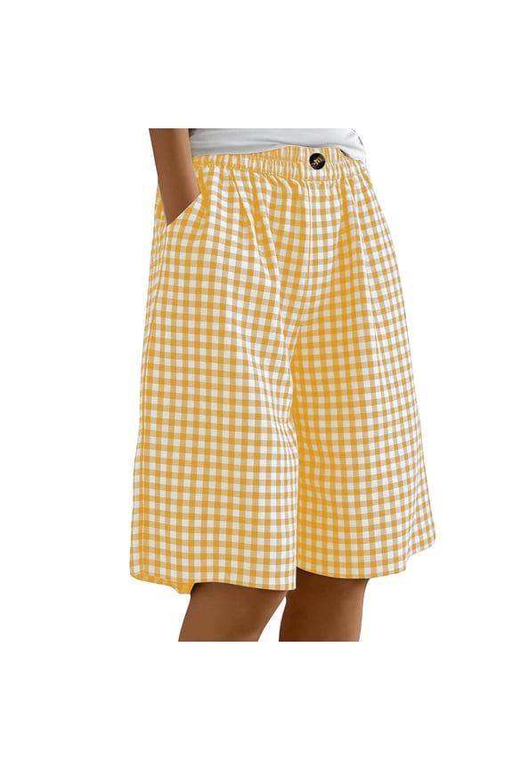 Women Checkered Shorts Plus Size Summer Casual Gingham Knee Length Bermuda Shorts Linen Resort Plaid Pajama Lounge Bottoms with Pockets Yellow,XXL